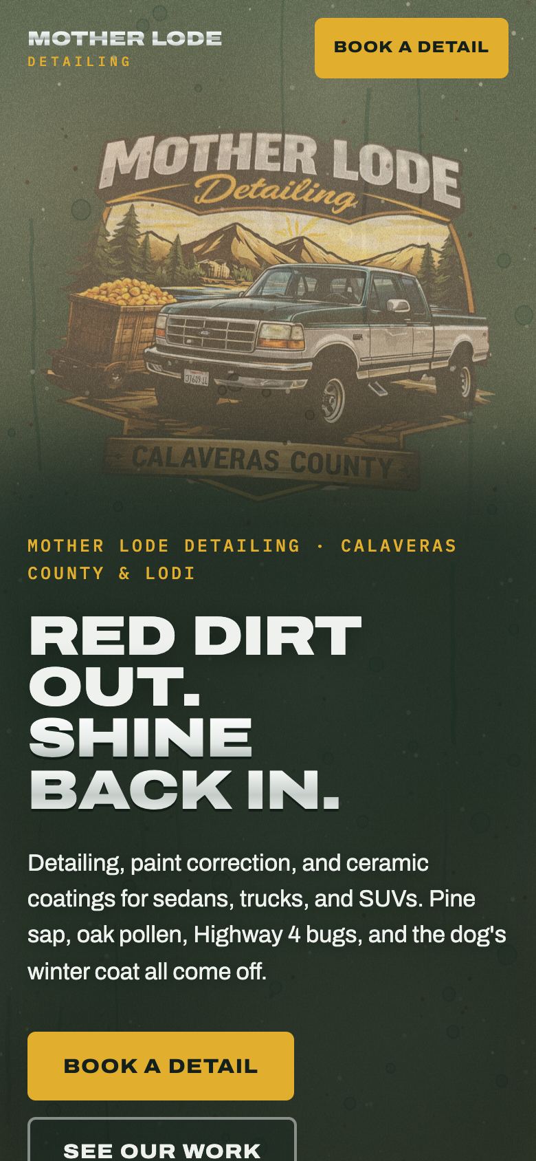 Mother Lode Detailing's homepage on a phone: the headline 'Red dirt out. Shine back in.' and a Book a detail button