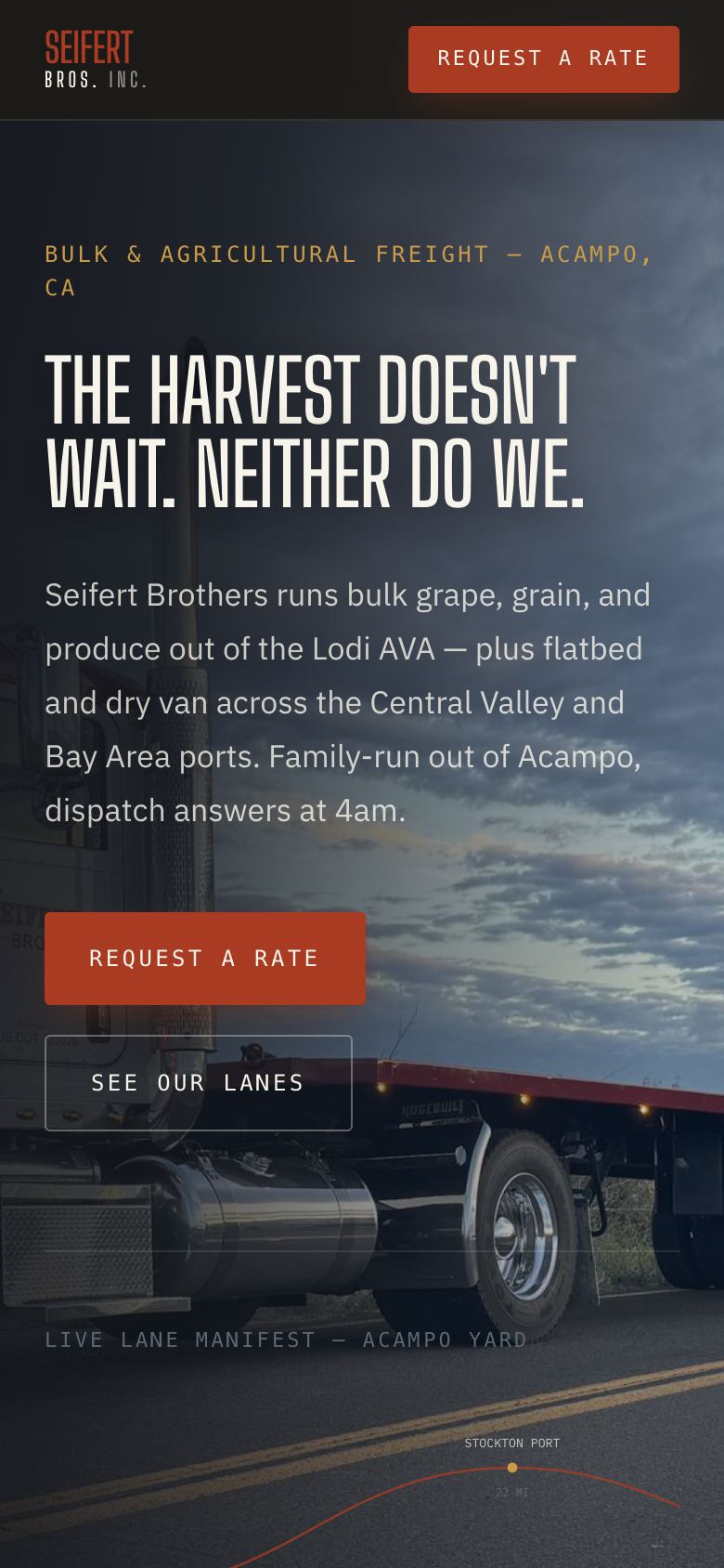 Seifert Brothers Trucking's homepage on a phone: 'The harvest doesn't wait. Neither do we.' over a flatbed truck at dusk